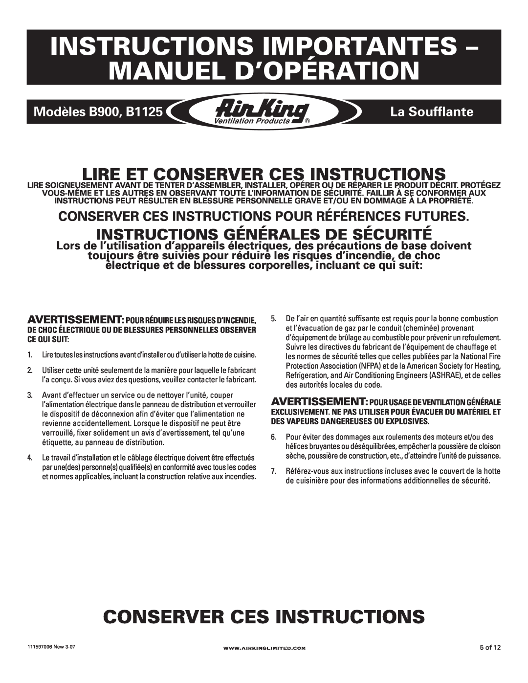 Air King Instructions Importantes - Manuel D’Opération, Conserver Ces Instructions, Modèles B900, B1125, La Soufflante 