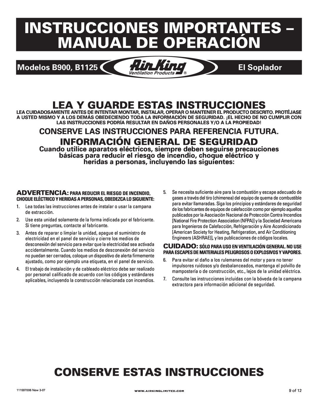 Air King manual Instrucciones Importantes - Manual De Operación, Conserve Estas Instrucciones, Modelos B900, B1125 