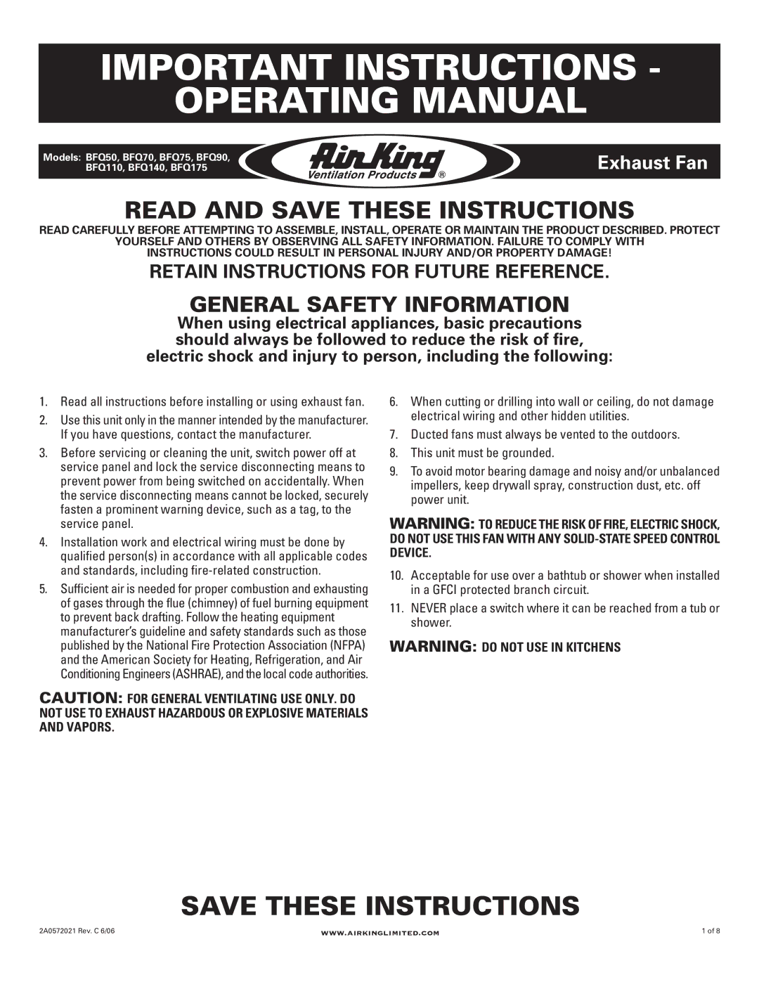 Air King BFQ50, BFQ110, BFQ70, BFQ75, BFQ90 manual Important Instructions Operating Manual, Read and Save These Instructions 