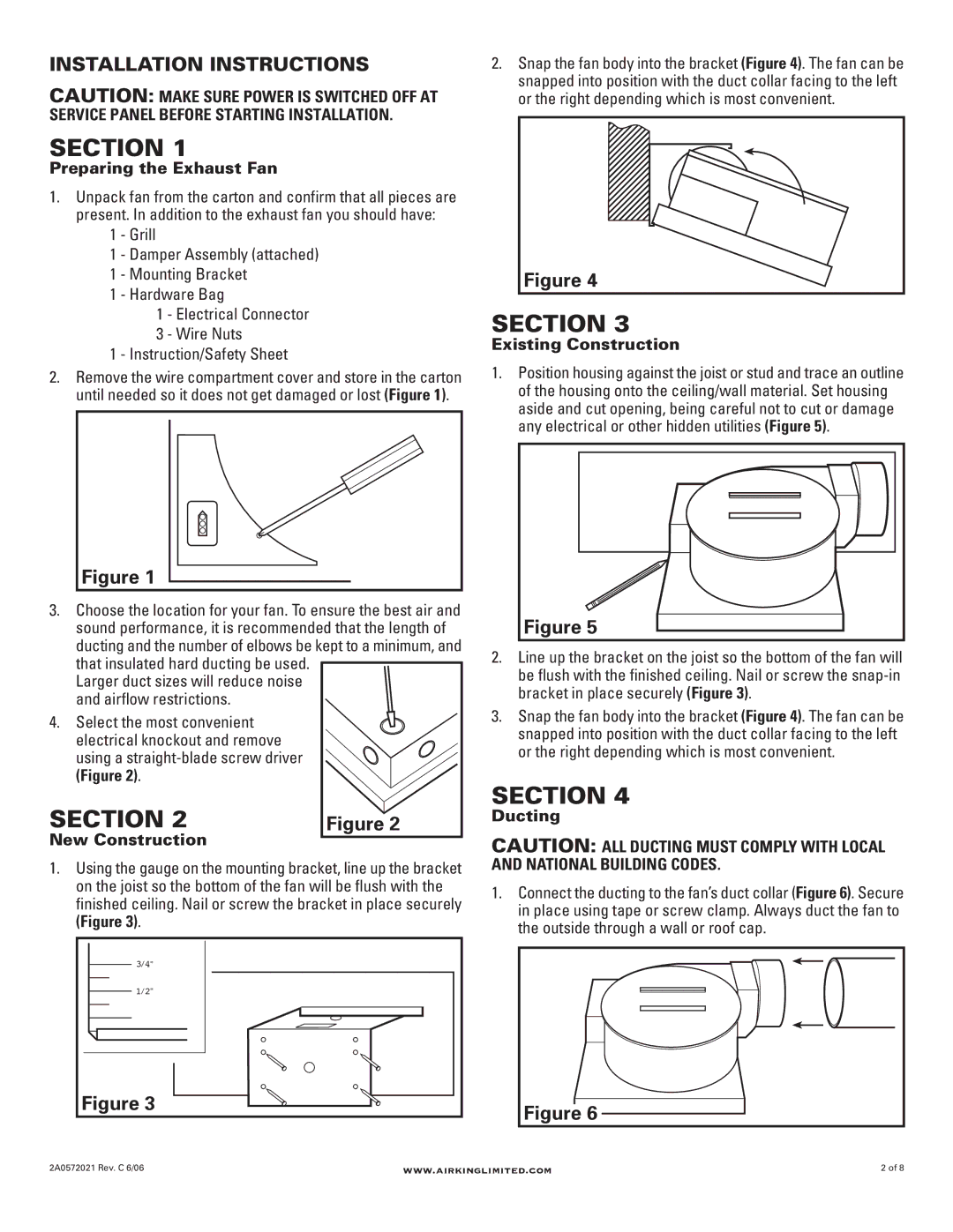 Air King BFQ70 Installation Instructions, Preparing the Exhaust Fan, Existing Construction, New Construction, Ducting 