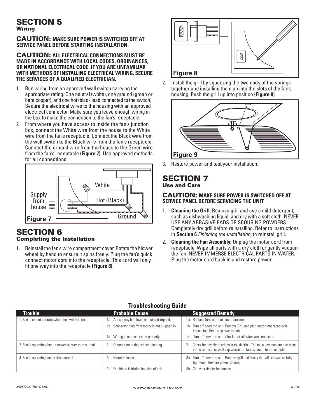 Air King BFQ75, BFQ110, BFQ50, BFQ70, BFQ90, BFQ140 Troubleshooting Guide, Wiring, Completing the Installation, Use and Care 