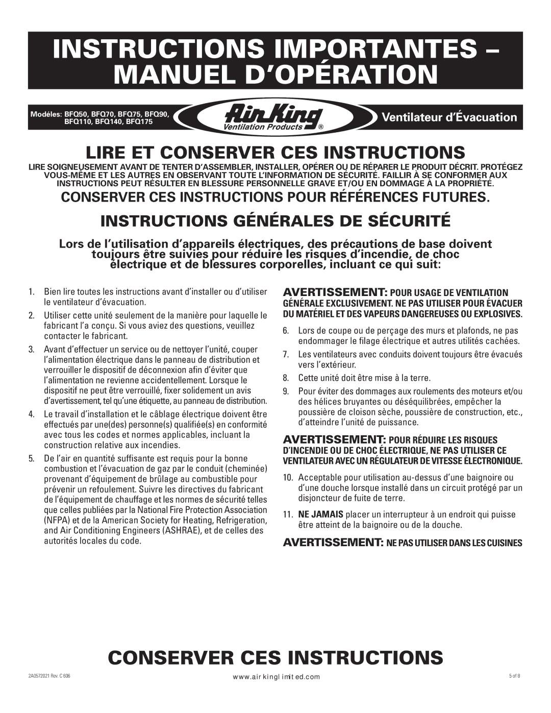 Air King BFQ140, BFQ110, BFQ50, BFQ70, BFQ75 Instructions Importantes Manuel D’OPÉRATION, Lire ET Conserver CES Instructions 