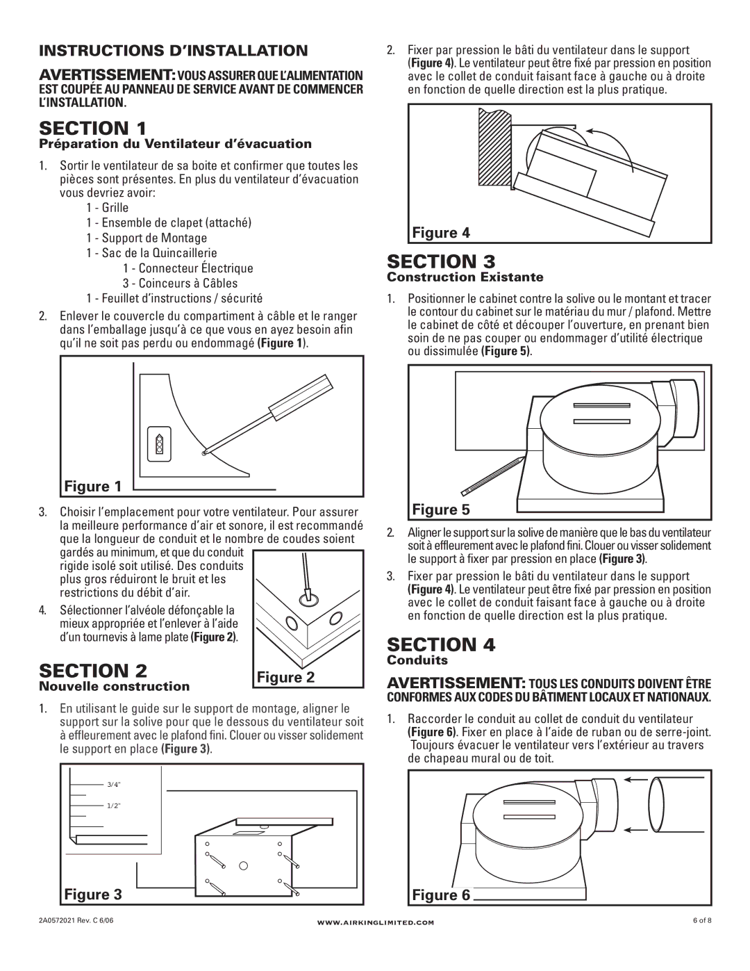 Air King BFQ175 Instructions D’INSTALLATION, Préparation du Ventilateur d’évacuation, Construction Existante, Conduits 