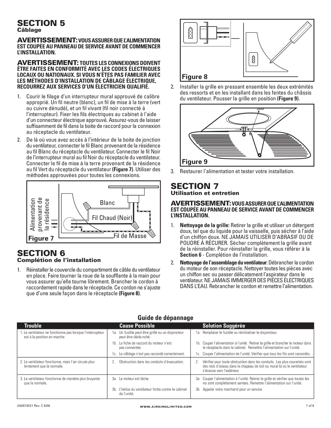 Air King BFQ110, BFQ50, BFQ70, BFQ75 Guide de dépannage, Câblage, Complétion de l’installation, Utilisation et entretien 