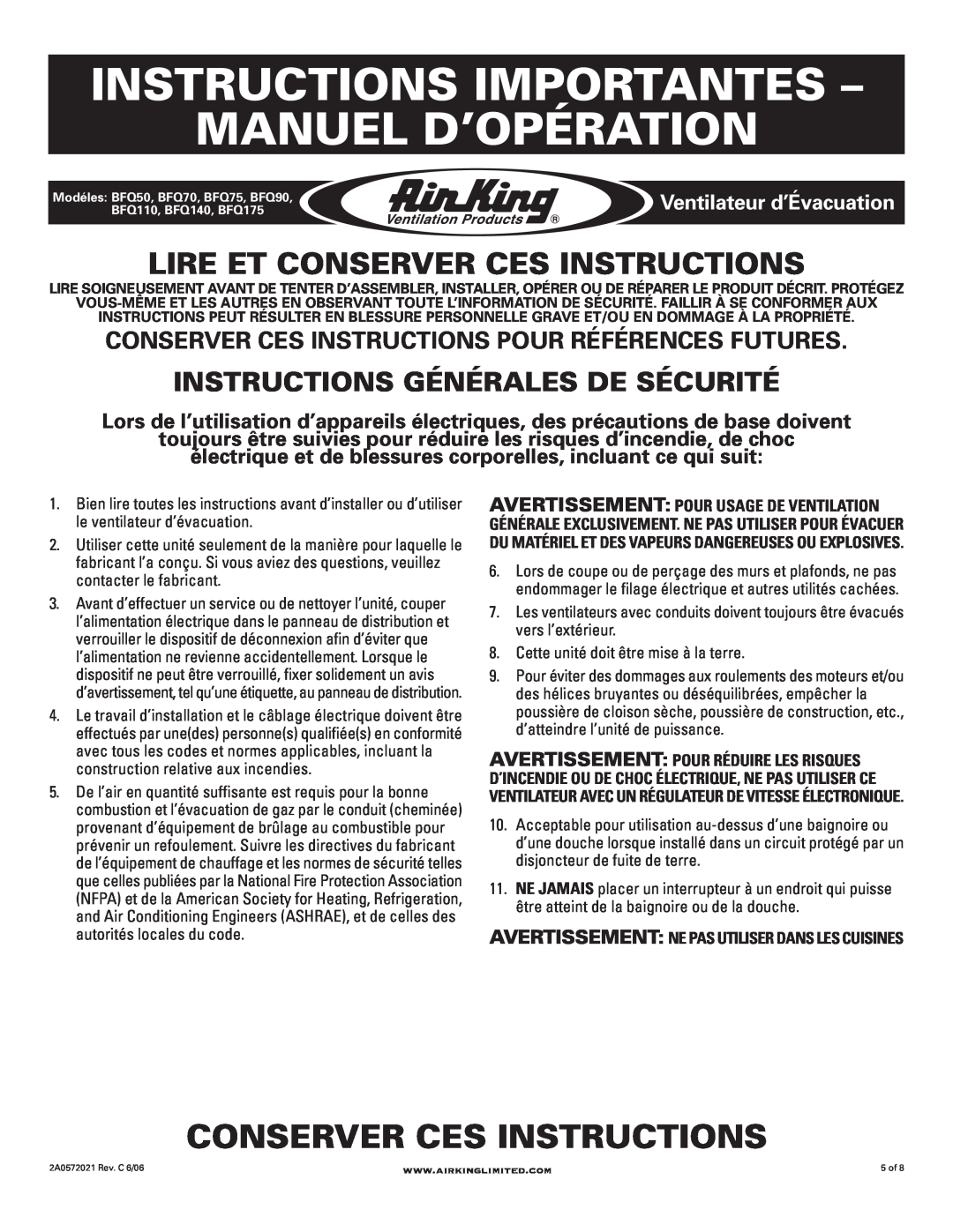 Air King BFQ140, BFQ50 Instructions Importantes - Manuel D’Opération, Conserver Ces Instructions, Ventilateur d’Évacuation 