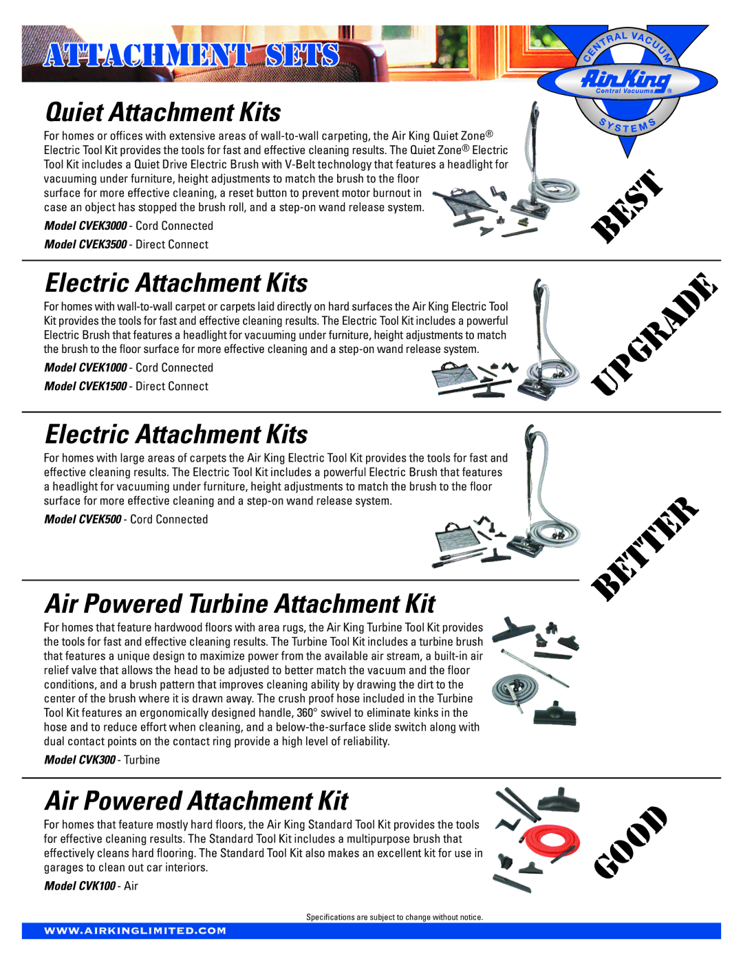 Air King CVEK3000, CVEK3500 manual Quiet Attachment Kits, Electric Attachment Kits, Air Powered Turbine Attachment Kit 