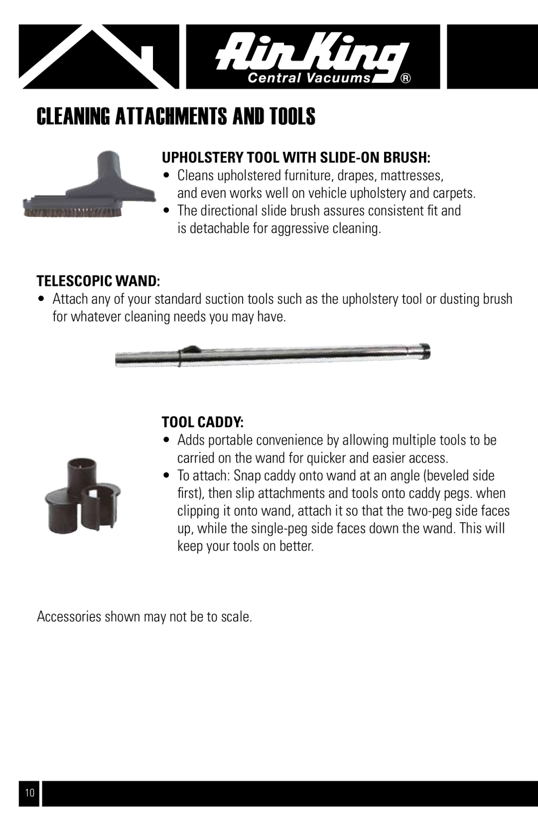 Air King CVS-11T manual UPHolstery tool with slide-on brush, Telescopic wand, Tool caddy 