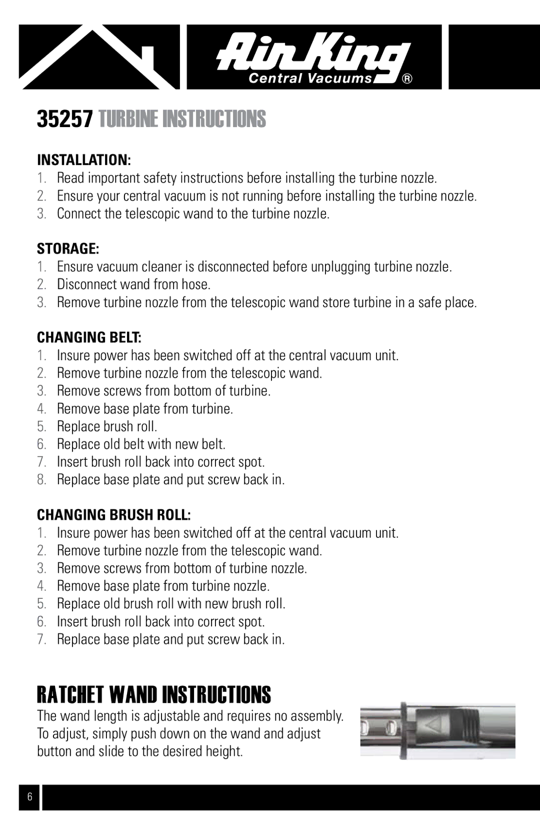 Air King CVS-11T manual Turbine instructions, Ratchet wand instructions 