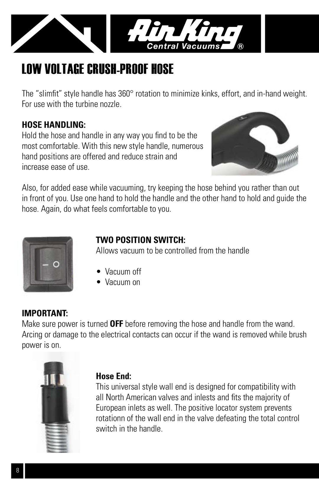Air King CVS-11T manual Low voltage crush-proof hose, Hose handling, TWo position switch, Hose End 