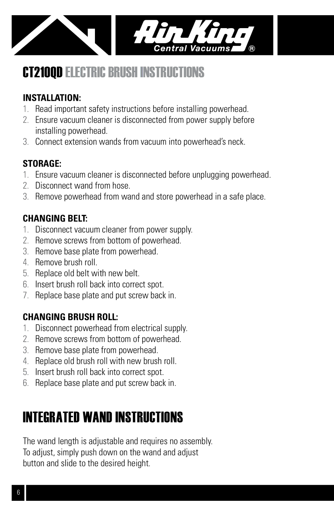 Air King CVS-21E manual CT210Qd electric brush instructions, Integrated wand instructions 