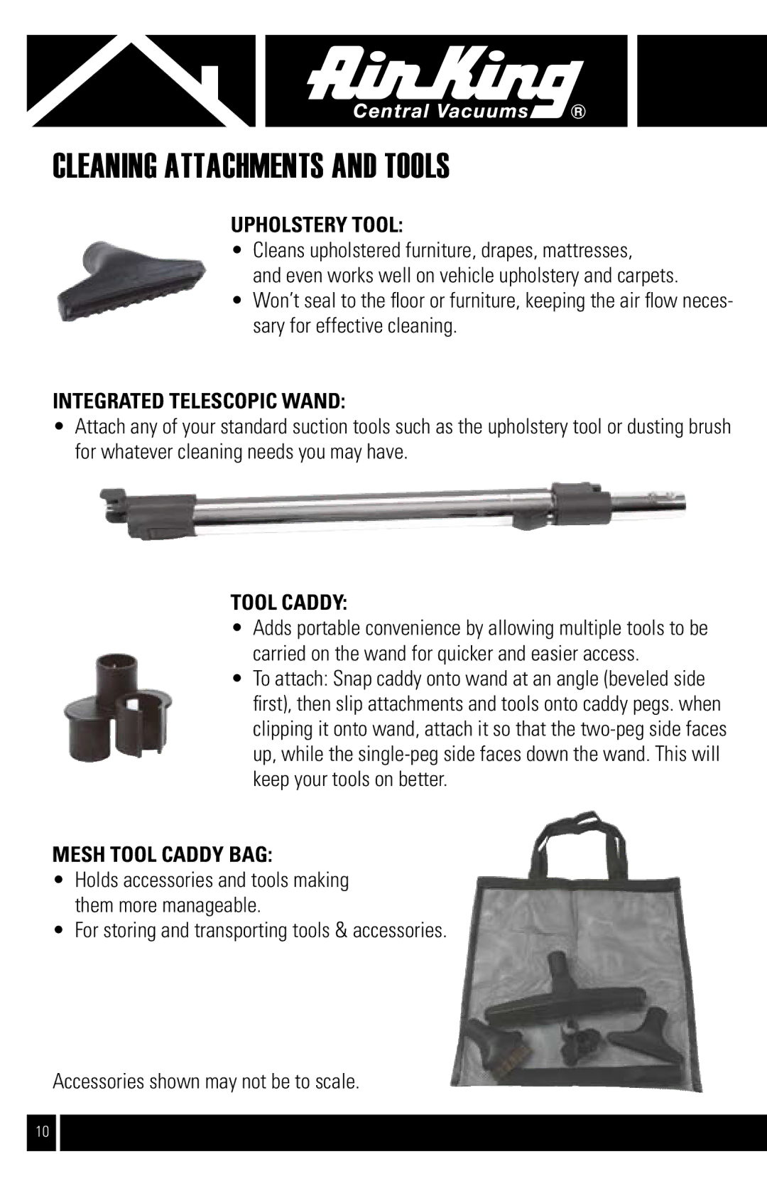 Air King CVS-22E manual UPHolstery tool, Integrated telescopic wand, Tool caddy, Mesh tool caddy bag 