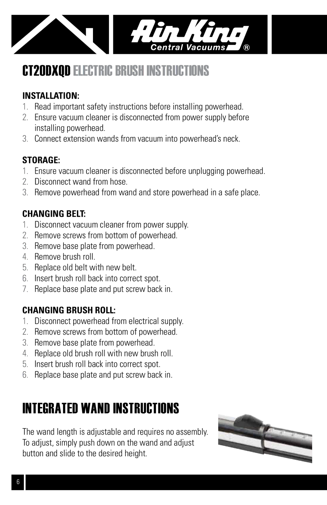 Air King CVS-22E manual CT20dXQD electric brush instructions, Integrated wand instructions 