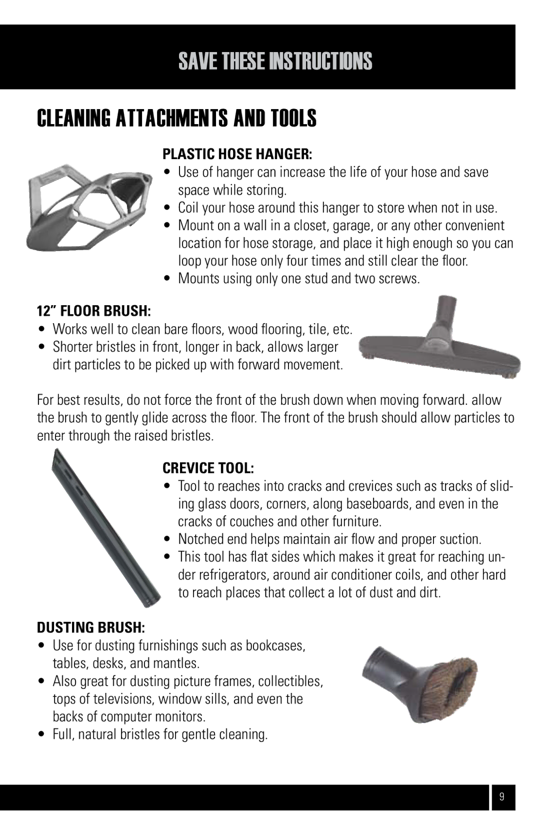 Air King CVS-22E manual Cleaning attachments and tools, Plastic hose hanger, Floor brush, CREVice tool, Dusting brush 