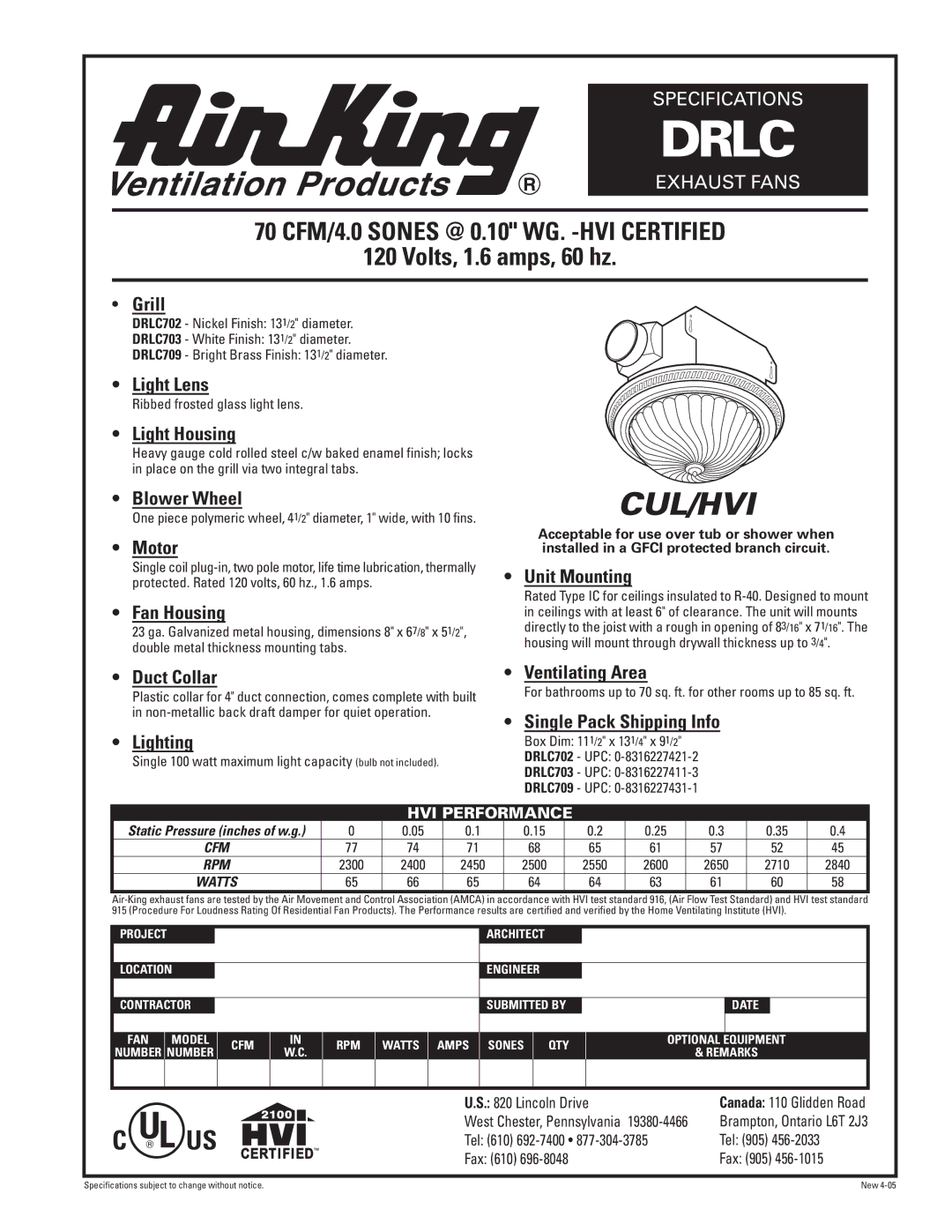 Air King DRLC specifications Grill, Light Lens, Light Housing, Blower Wheel, Motor, Fan Housing, Unit Mounting, Lighting 