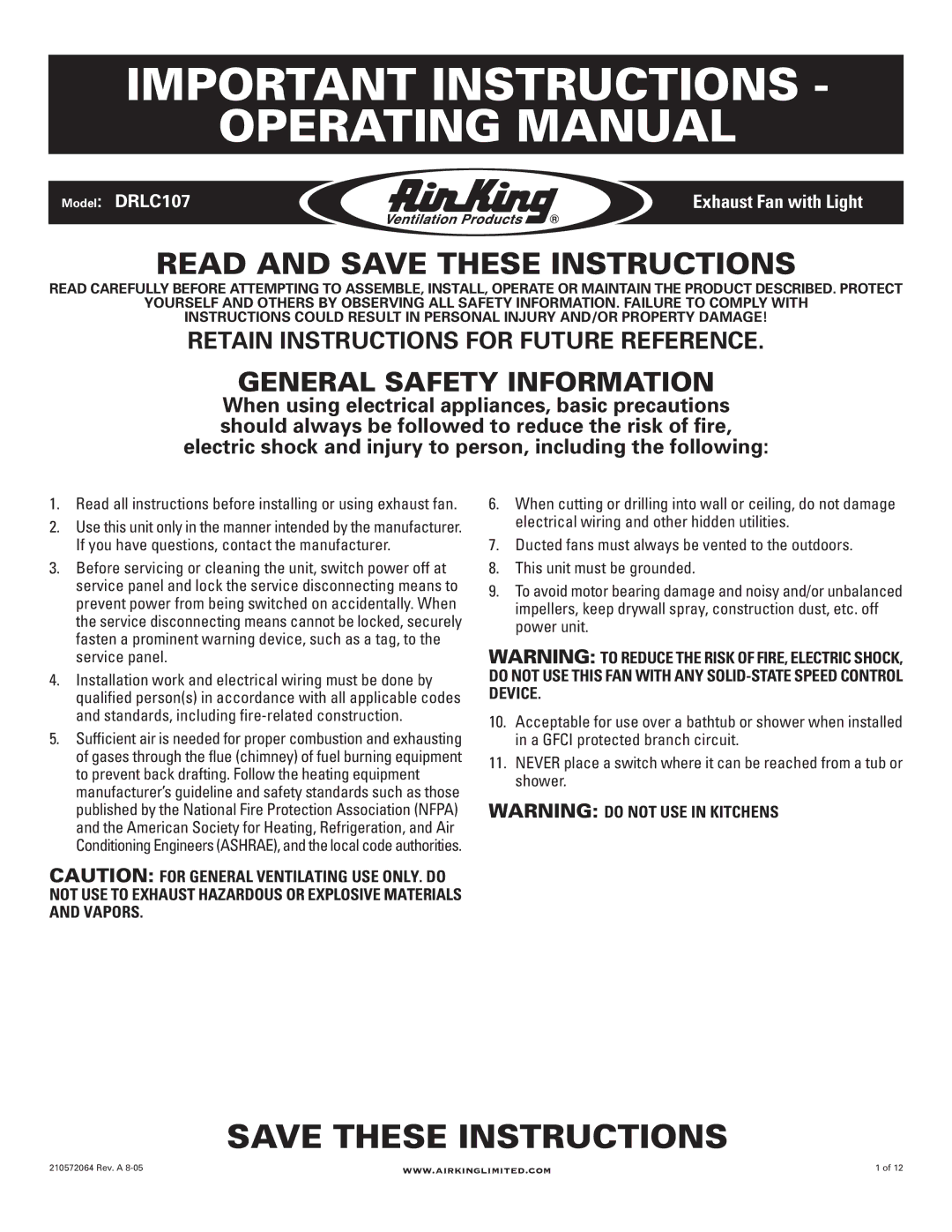 Air King DRLC107 manual Important Instructions Operating Manual, General Safety Information 