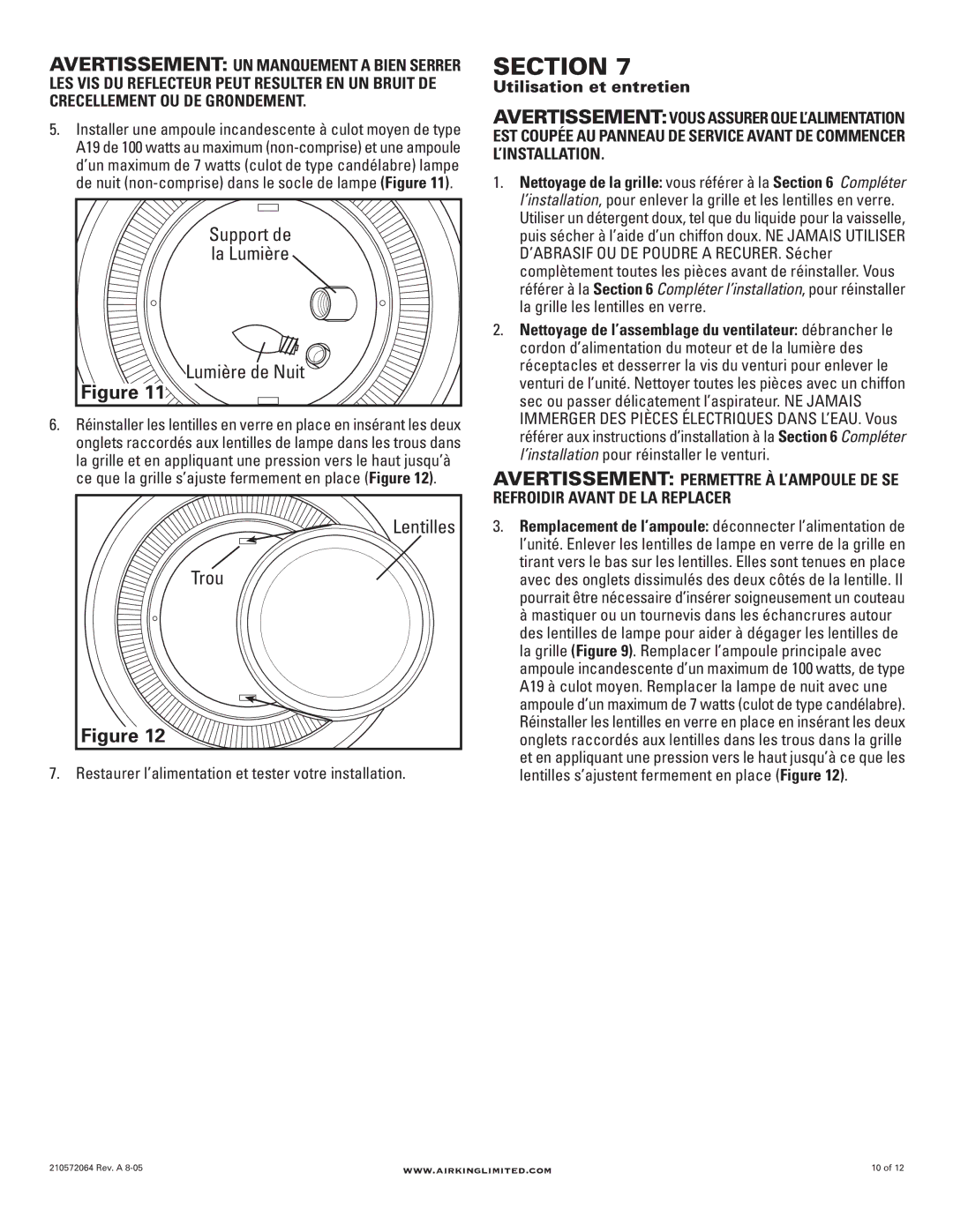 Air King DRLC107 manual Lumière de Nuit, Trou, Utilisation et entretien 