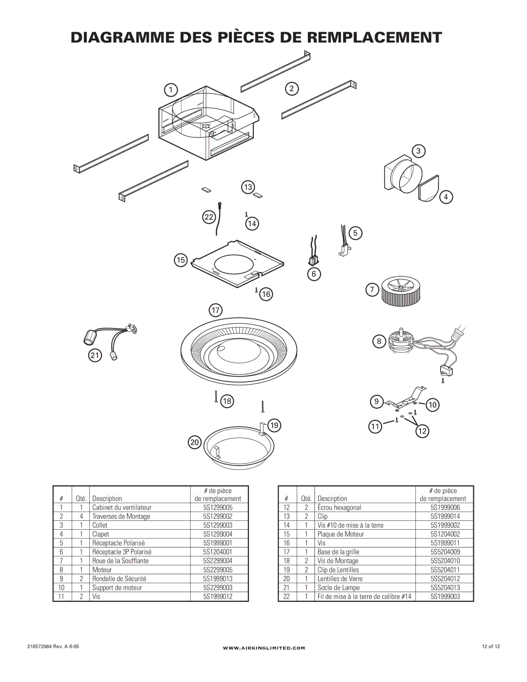 Air King DRLC107 manual Diagramme DES Pièces DE Remplacement 