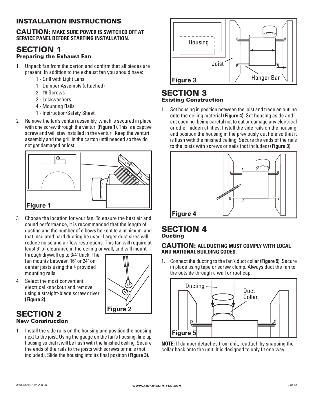 Air King DRLC107 manual Installation Instructions, Housing Joist, Ducting 