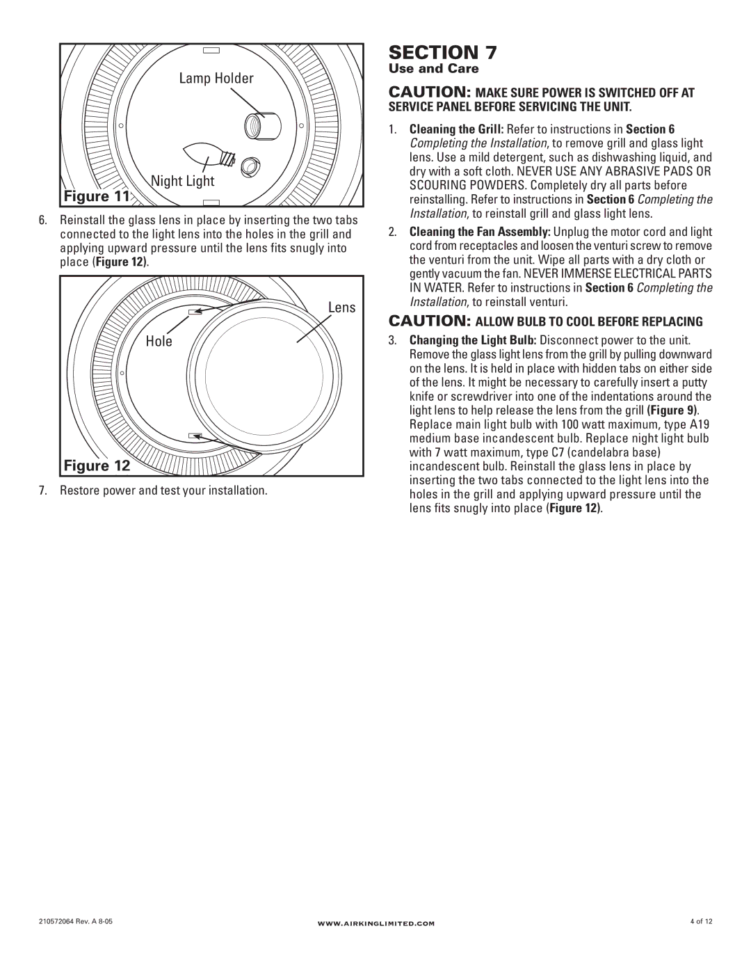 Air King DRLC107 manual Lamp Holder Night Light, Hole, Use and Care 