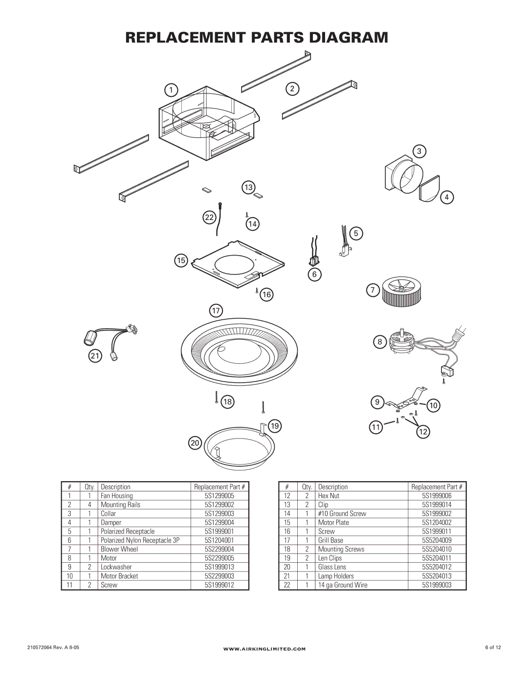 Air King DRLC107 manual Replacement Parts Diagram 