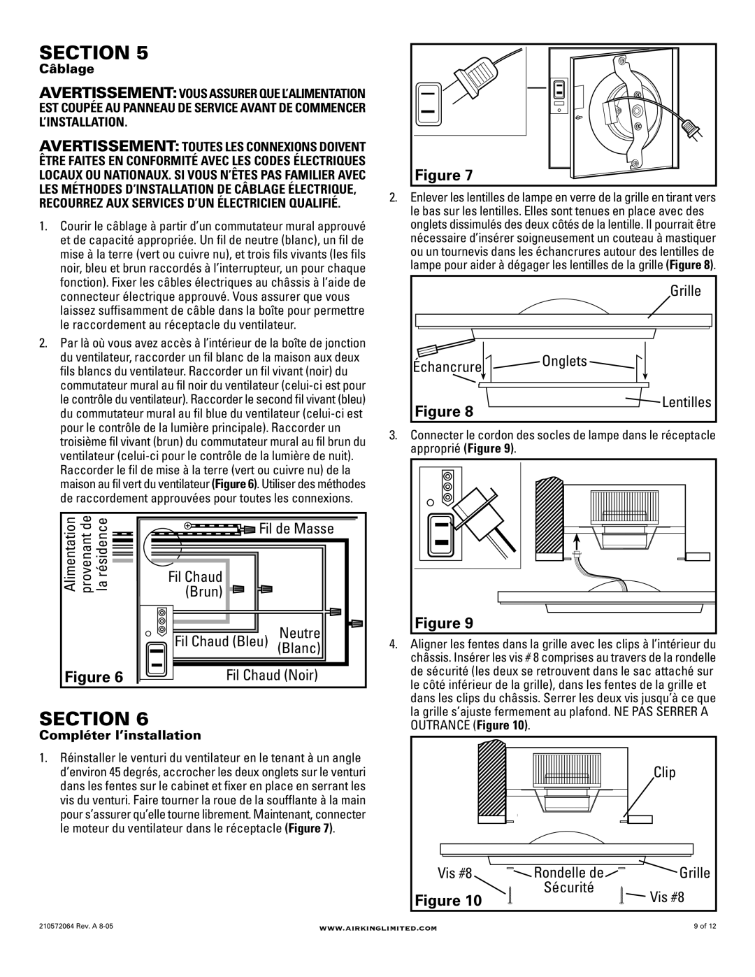 Air King DRLC107 manual Fil de Masse, Brun, Neutre Fil Chaud Bleu Blanc, Échancrure Onglets, Vis #8 