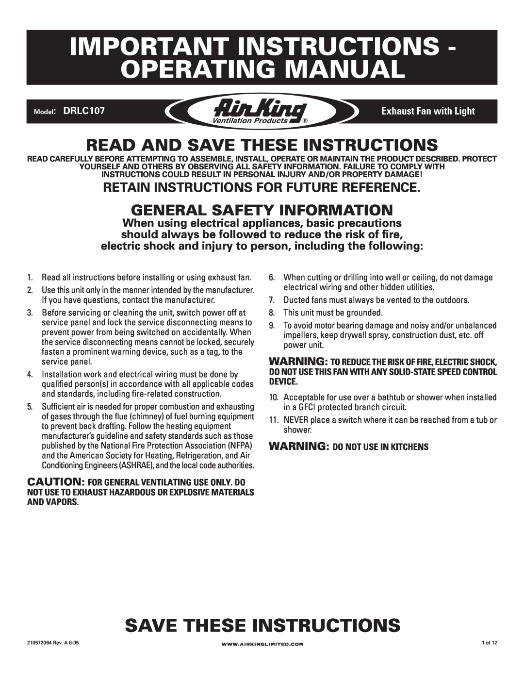 Air King manual Important Instructions Operating Manual, Read And Save These Instructions, Model DRLC107 