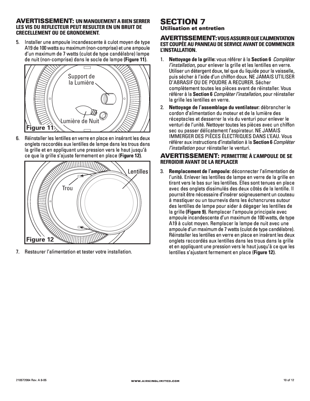 Air King DRLC107 manual Section, Lumière de Nuit, Trou, Support de la Lumière, Lentilles 