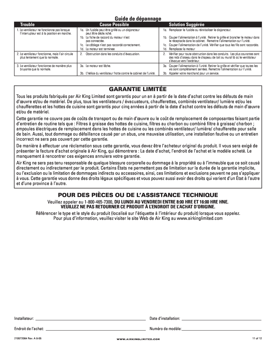 Air King DRLC107 manual Guide de dépannage, Garantie Limitée, Pour Des Pièces Ou De L’Assistance Technique, Trouble 