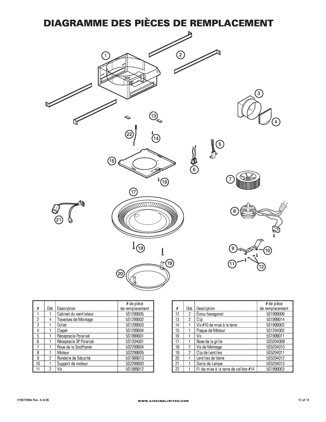 Air King DRLC107 manual Diagramme Des Pièces De Remplacement 