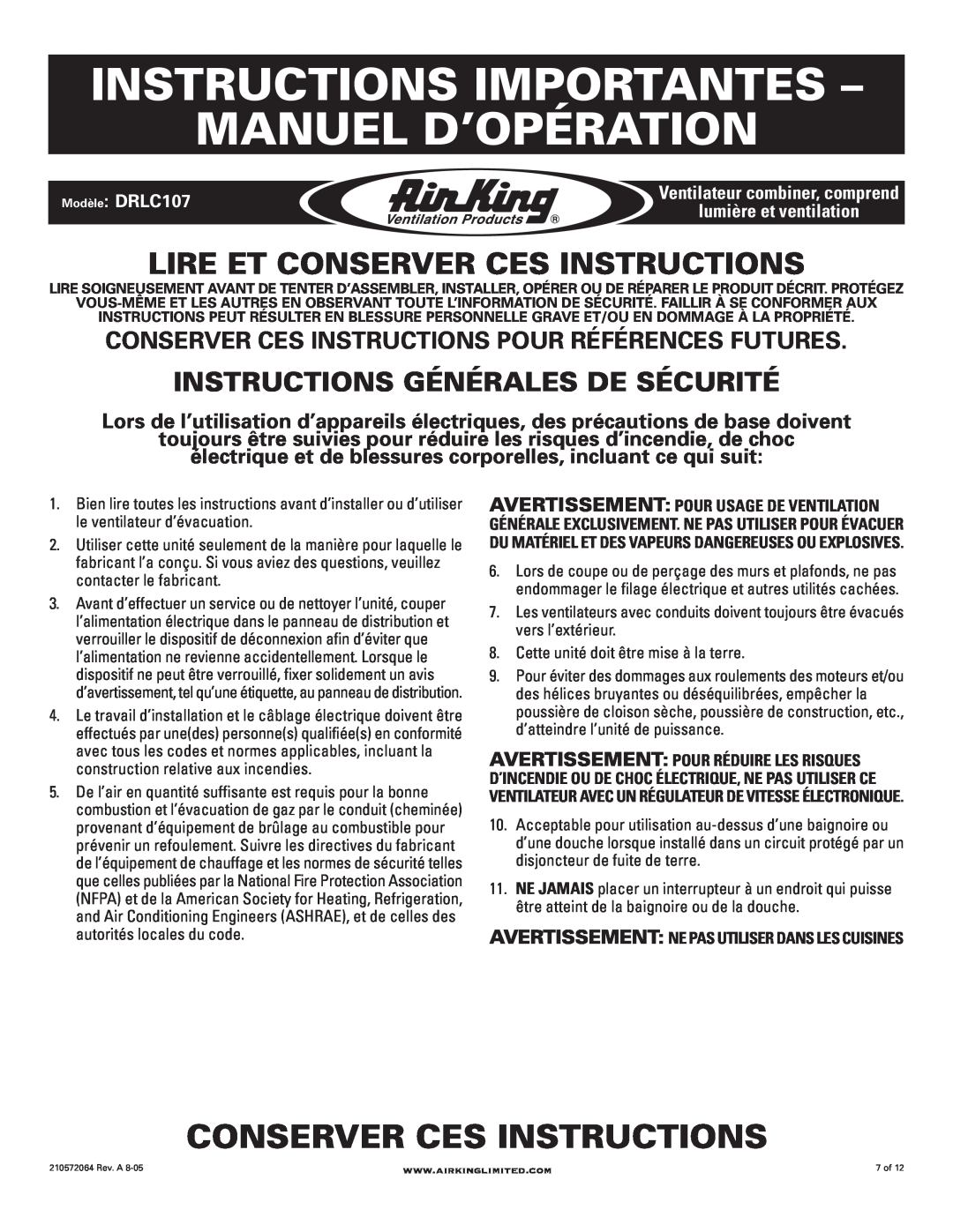 Air King DRLC107 manual Instructions Importantes - Manuel D’Opération, Conserver Ces Instructions 