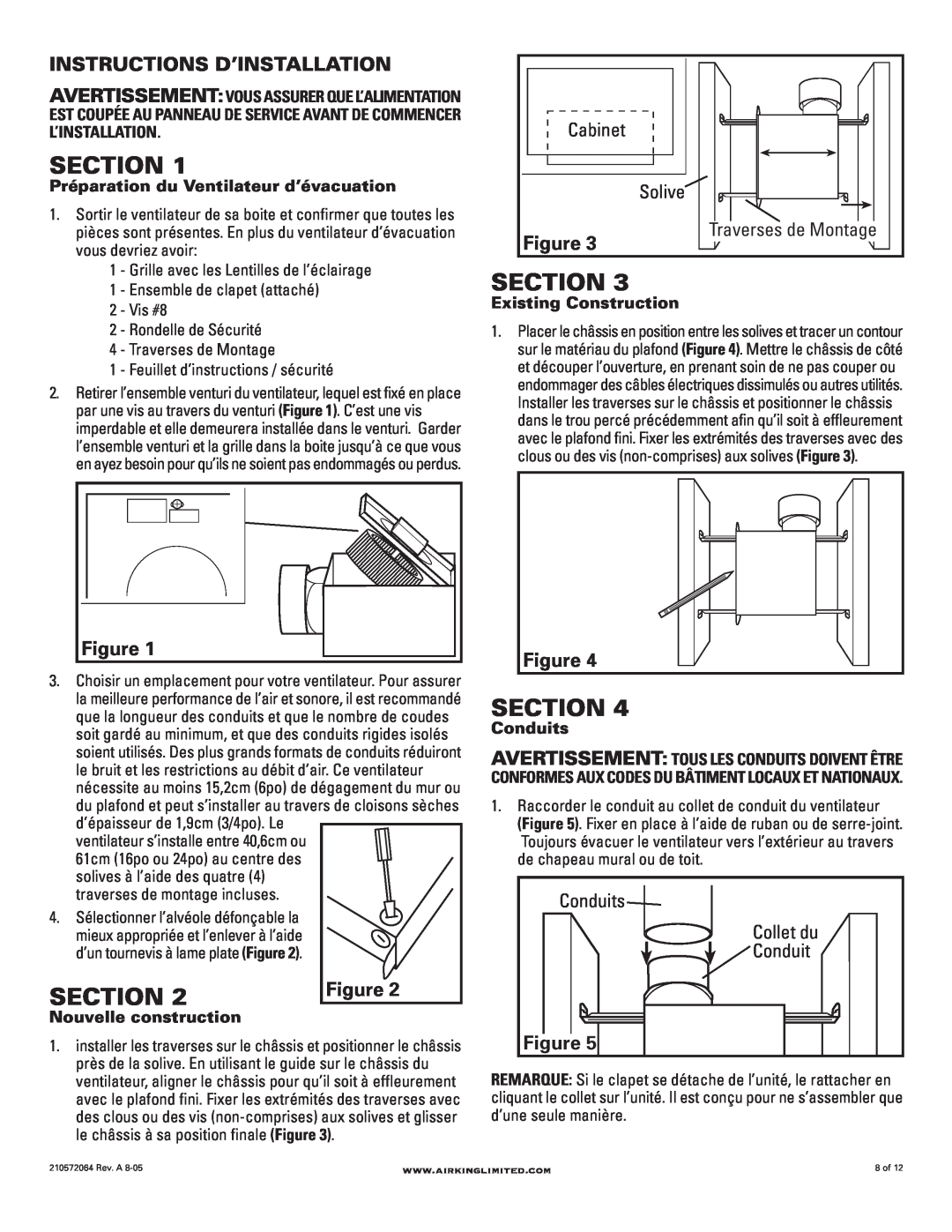 Air King DRLC107 Section, Instructions D’Installation, Cabinet, Solive, Conduits, Grille avec les Lentilles de l’éclairage 