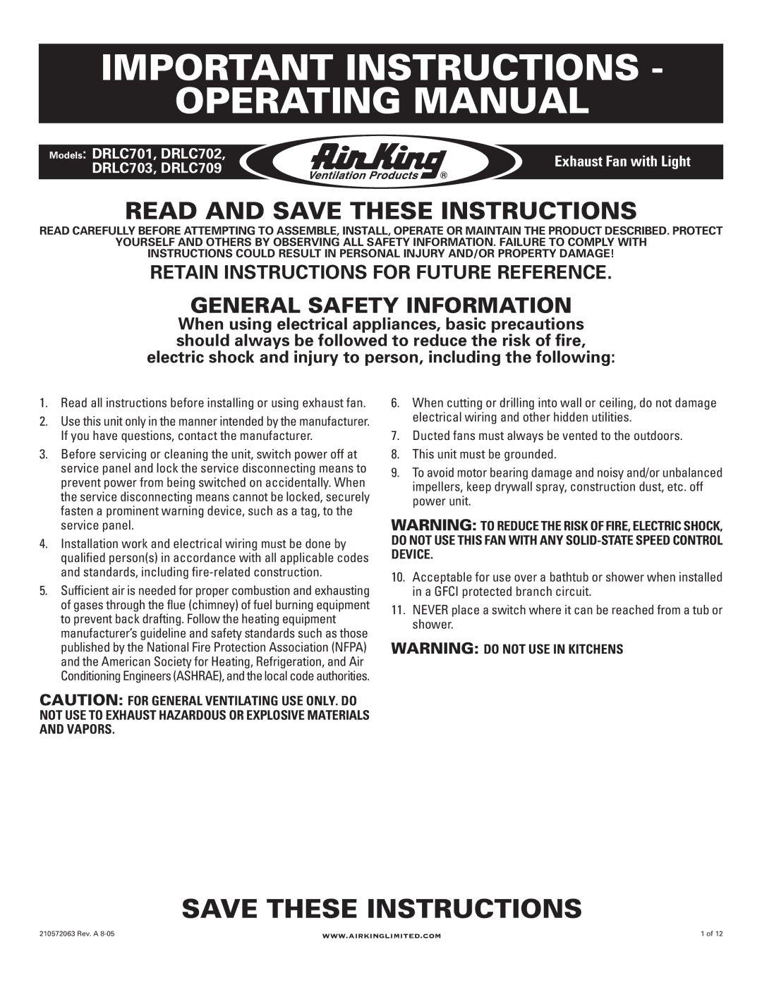 Air King DRLC701, DRLC703, DRLC702, DRLC709 manual Important Instructions Operating Manual, General Safety Information 