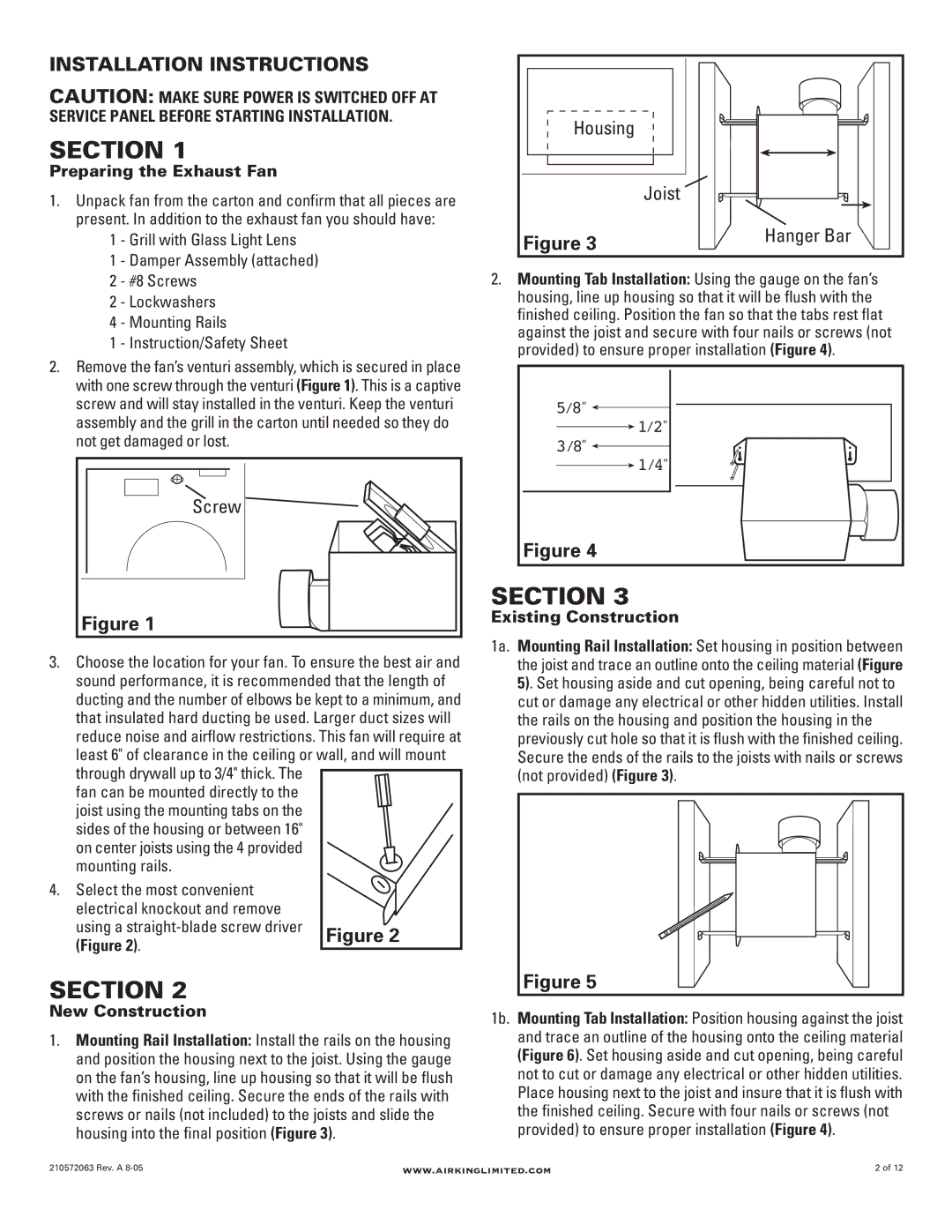 Air King DRLC702, DRLC703, DRLC701, DRLC709 manual Installation Instructions, Housing Joist, Screw, Hanger Bar 