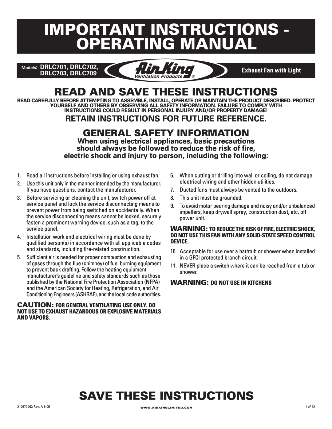 Air King DRLC701 manual Important Instructions Operating Manual, Read And Save These Instructions, DRLC703, DRLC709 