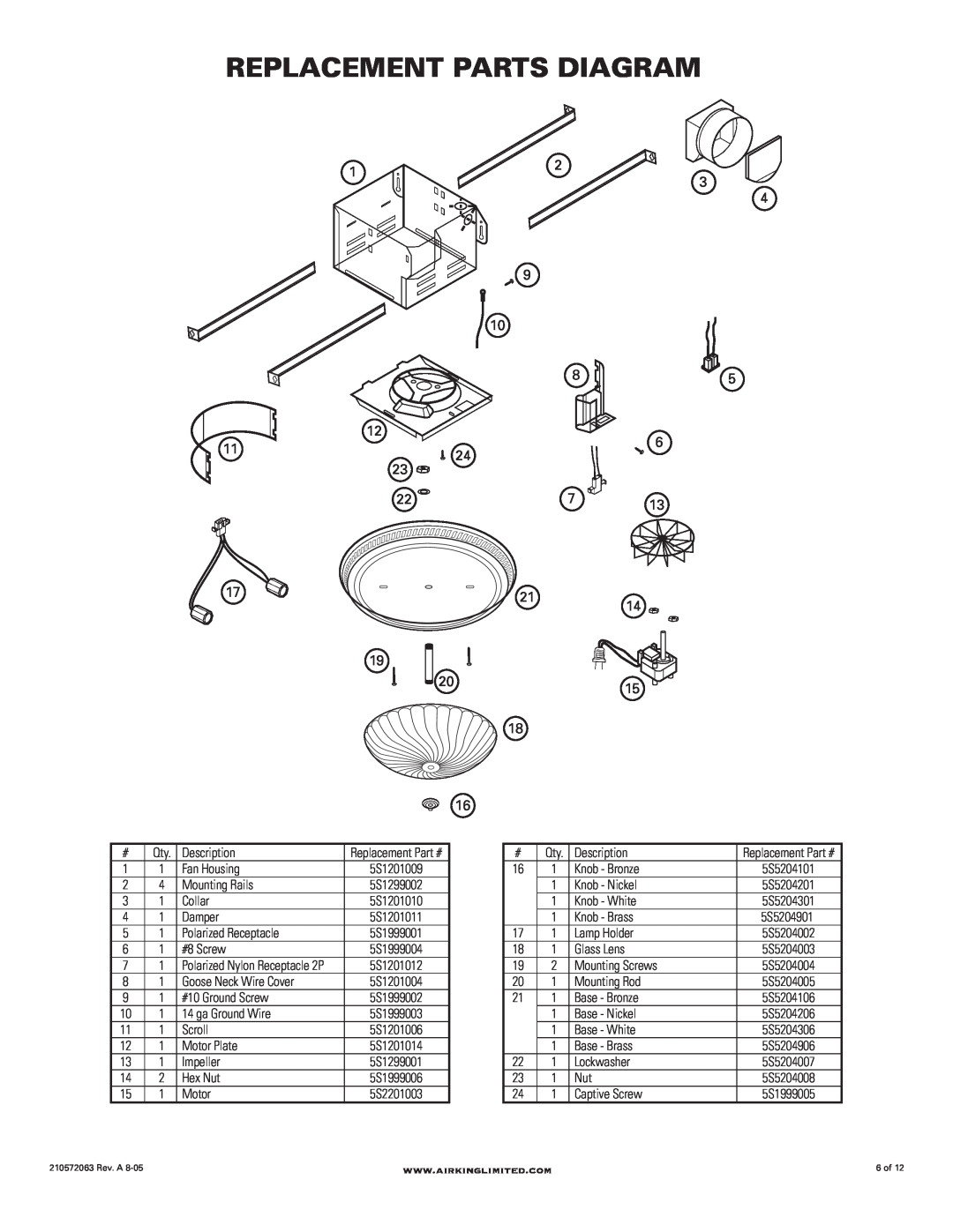 Air King DRLC702, DRLC703, DRLC701, DRLC709 manual Replacement Parts Diagram 
