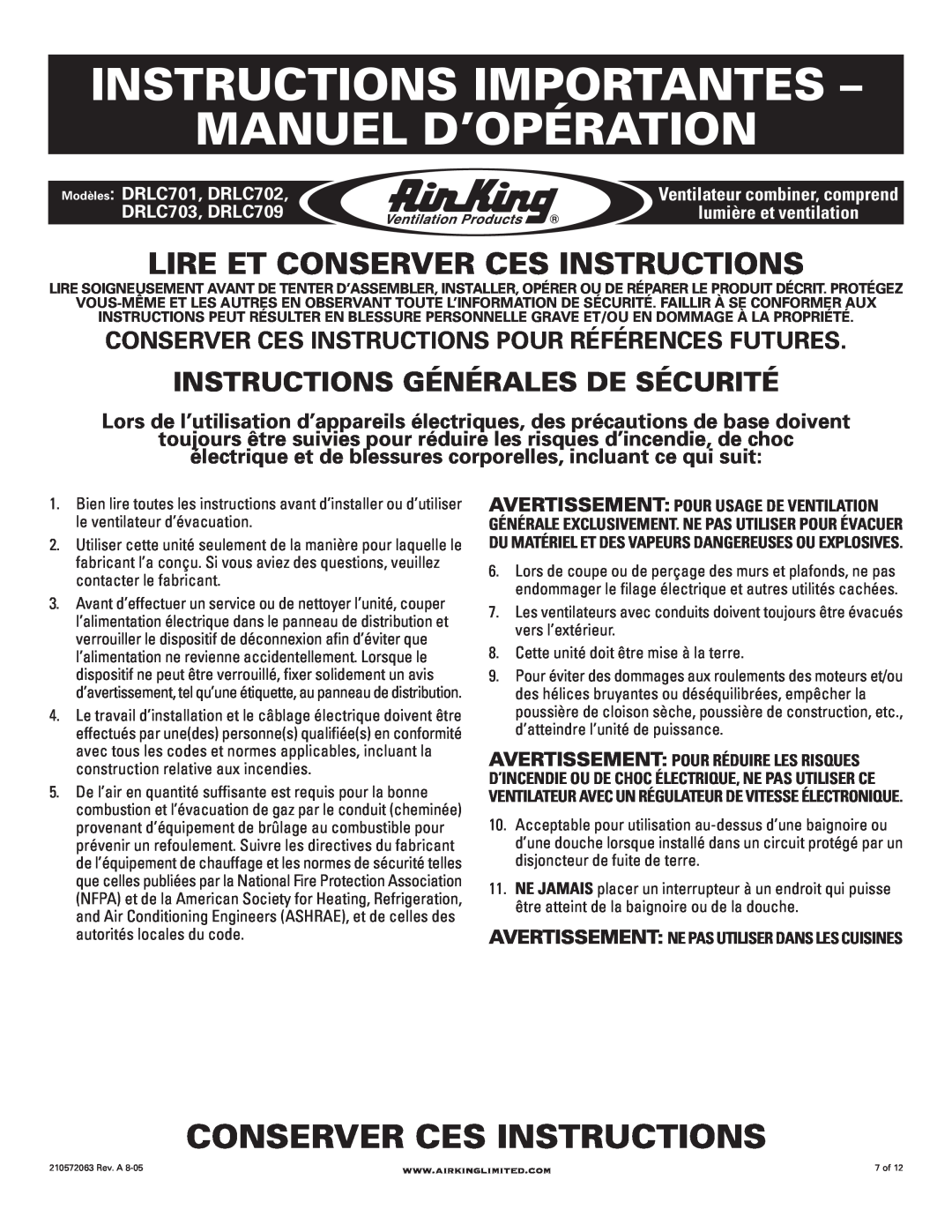 Air King DRLC709 manual Instructions Importantes Manuel D’Opération, Conserver Ces Instructions, Modèles DRLC701, DRLC702 