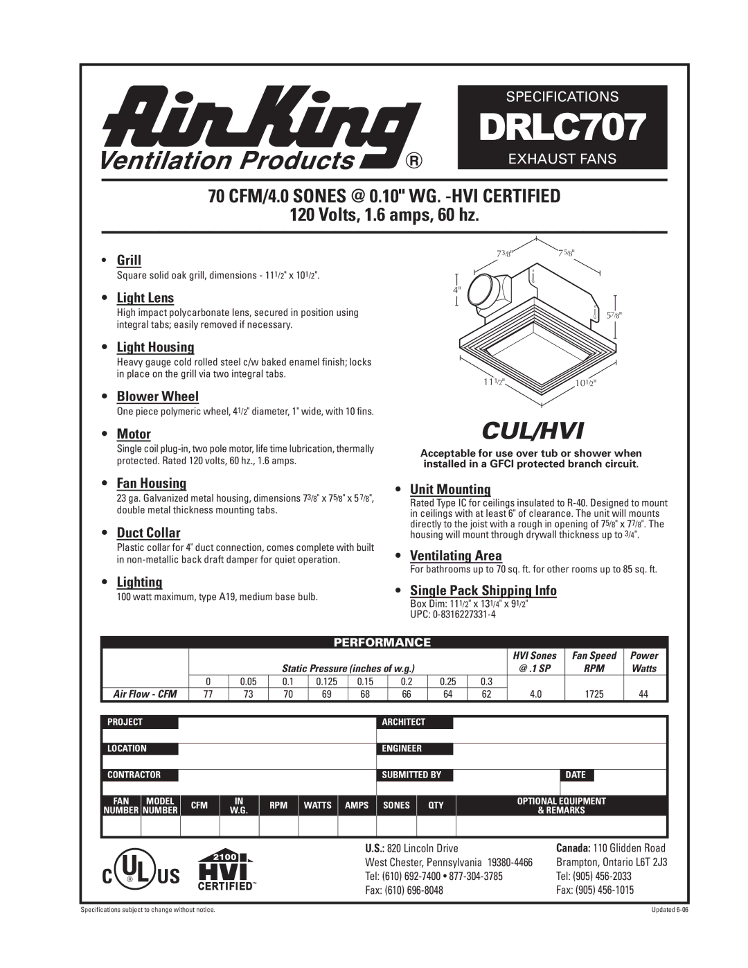 Air King DRLC707 specifications Grill, Light Lens, Light Housing, Blower Wheel, Motor, Fan Housing, Duct Collar, Lighting 