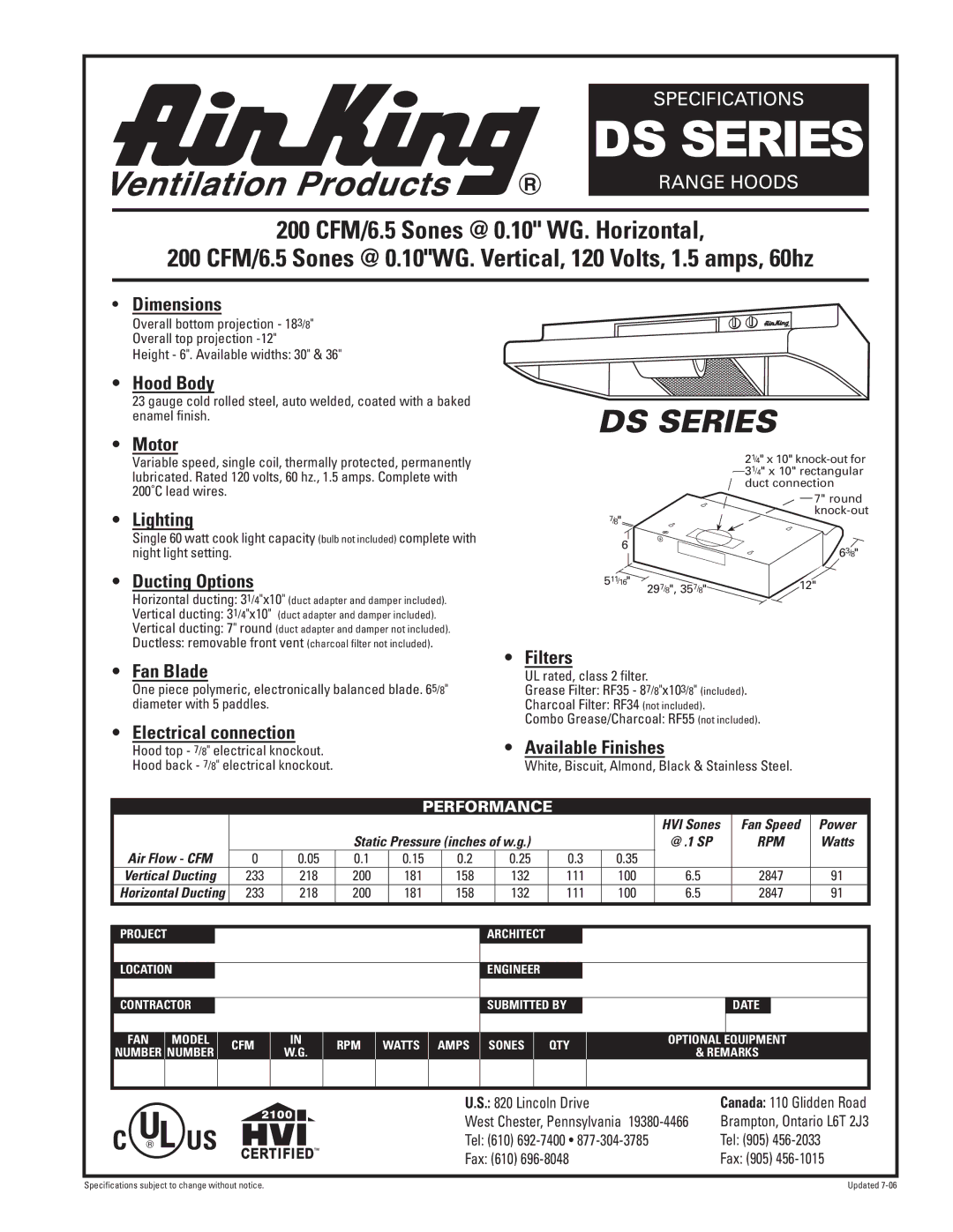 Air King DS Series specifications 