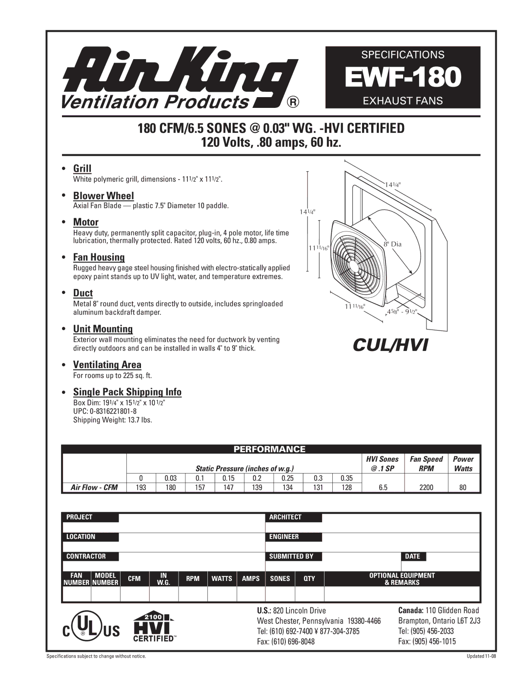 Air King EWF-180 specifications Cul/Hvi 