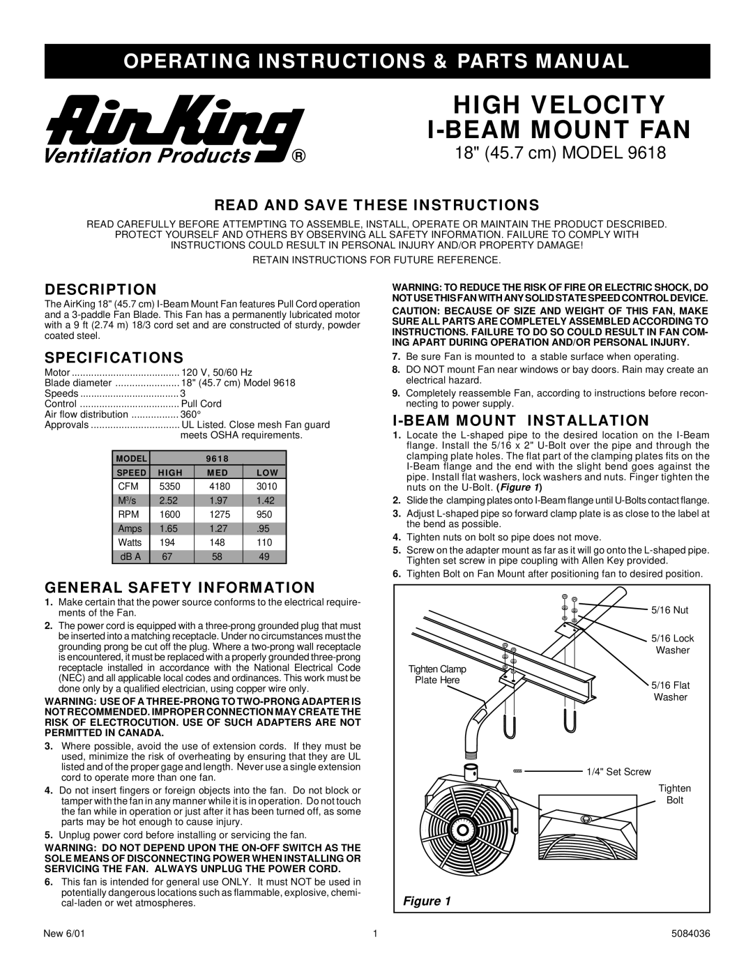 Air King Fan specifications Read and Save These Instructions, Description, Specifications, General Safety Information 