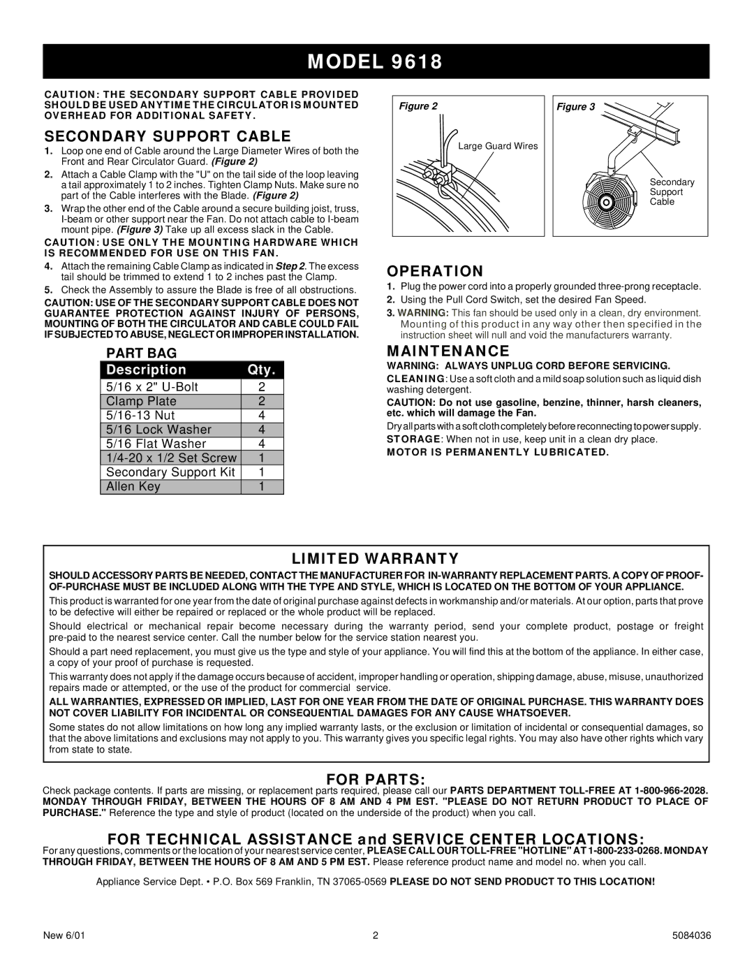 Air King Fan specifications Secondary Support Cable, Operation, Maintenance, Limited Warranty, For Parts 