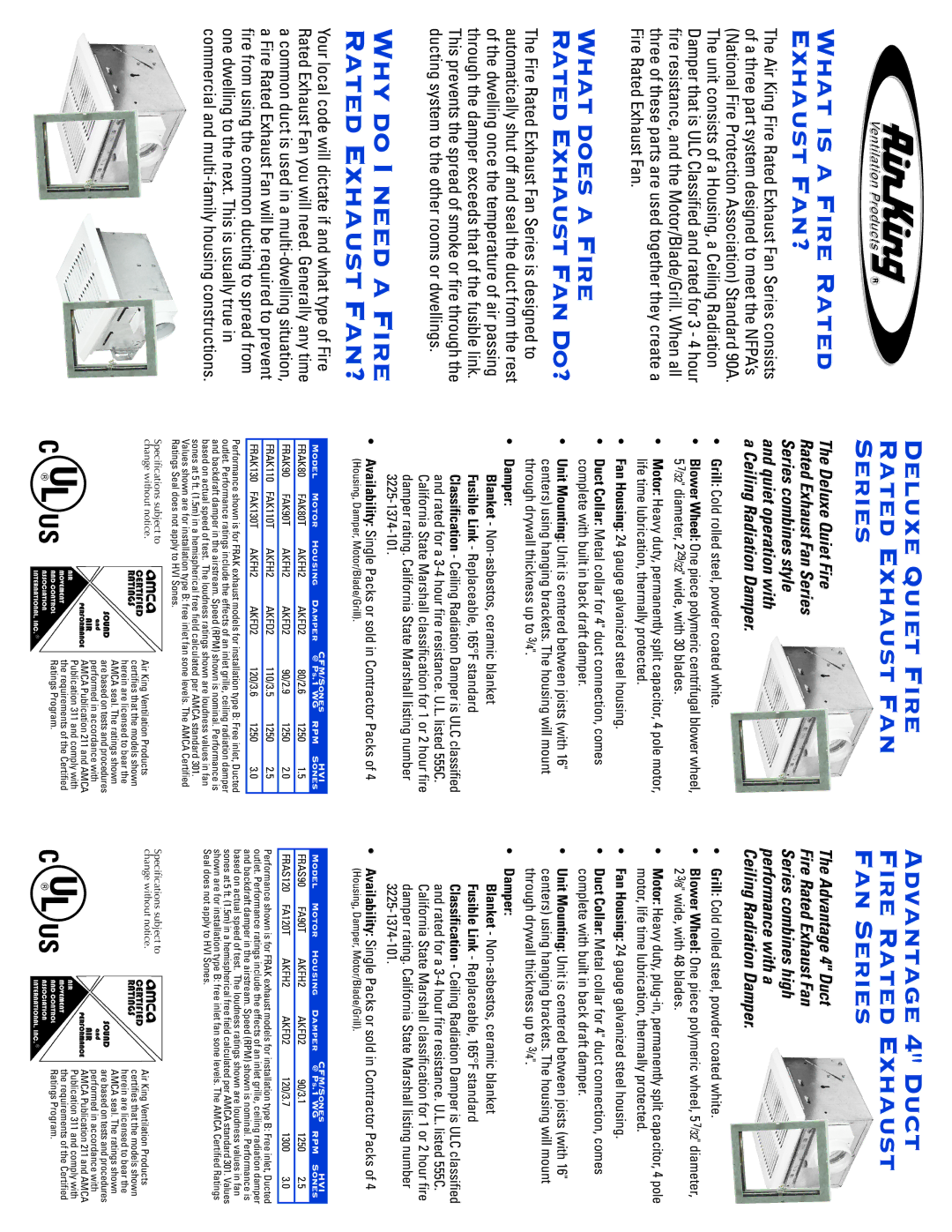 Air King FRAK130, FRAS90, FRAS60, FRAK80, FRAS70 What is a Fire Rated Exhaust Fan?, What does a Fire Rated Exhaust Fan Do? 