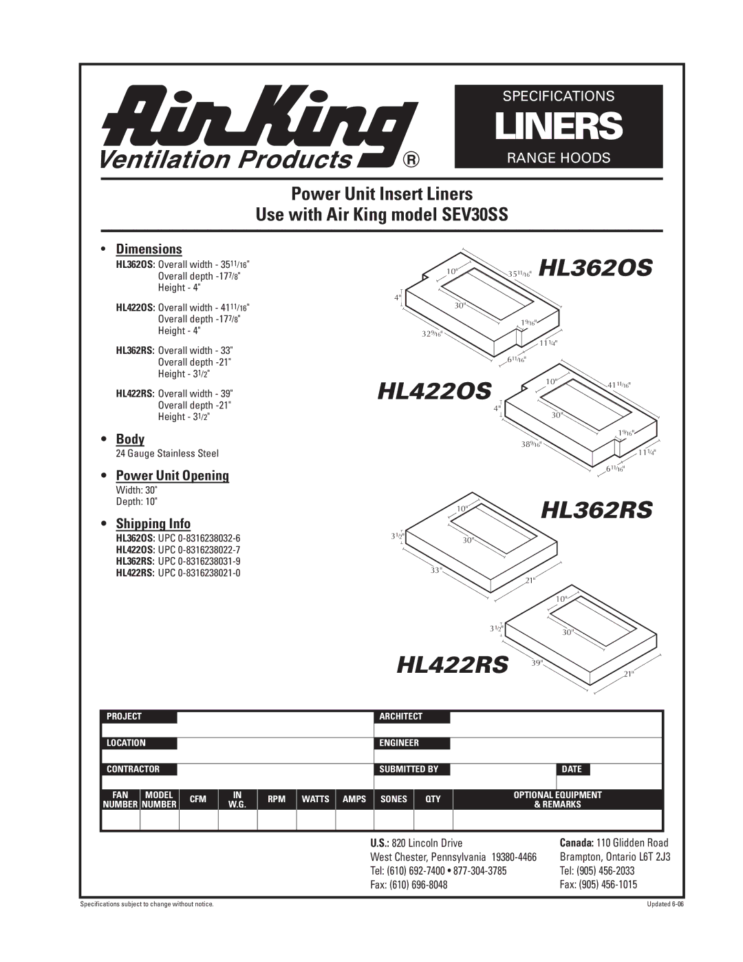 Air King specifications Liners, 3511/16 HL362OS, HL422OS, 10HL362RS, HL422RS 