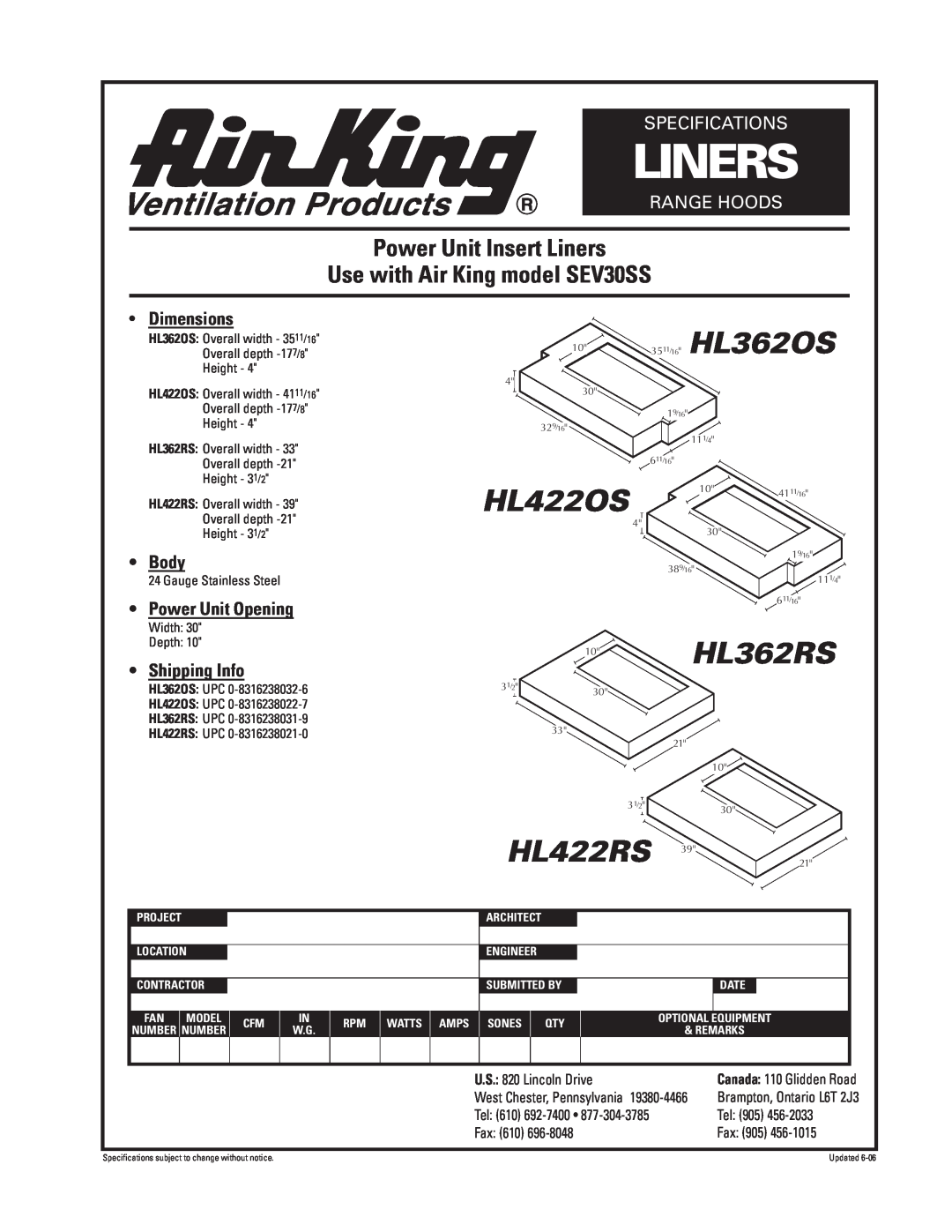 Air King specifications 3511/16HL362OS, HL422OS, 10HL362RS, HL422RS, Power Unit Insert Liners, Specifications, Body 