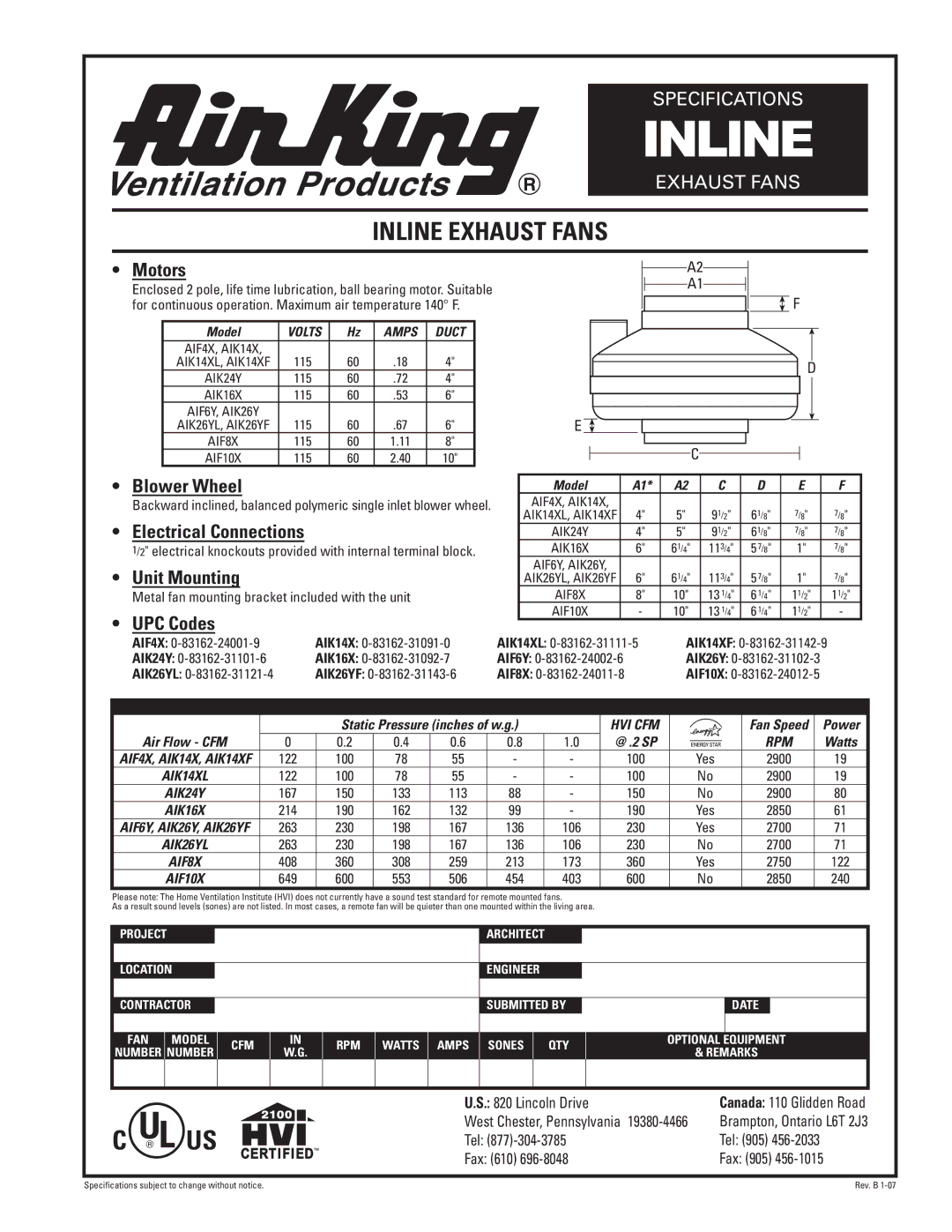 Air King specifications Inline Exhaust Fans 