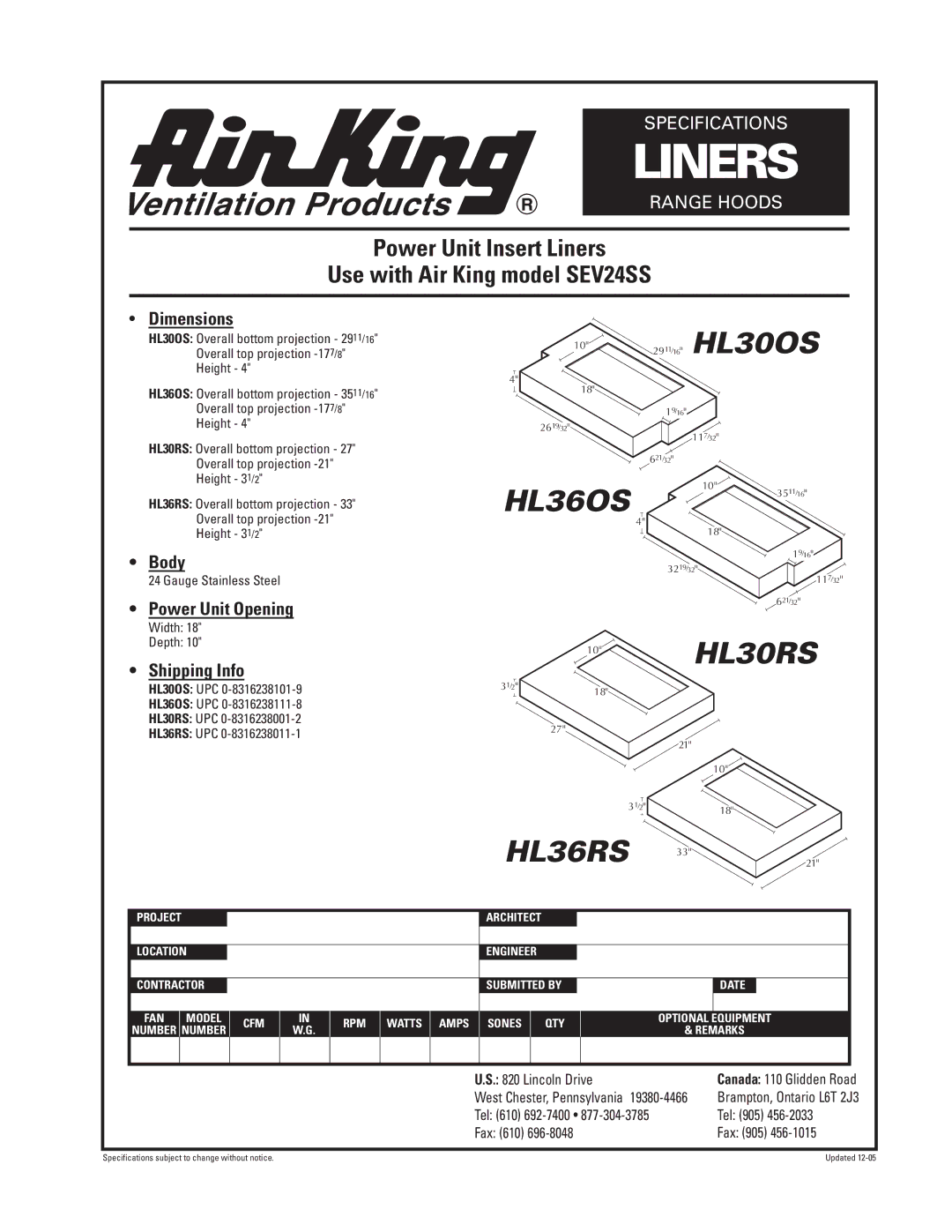 Air King LINERS specifications Liners, 29 11 / 16 HL30OS, HL36OS, 10HL30RS, HL36RS 