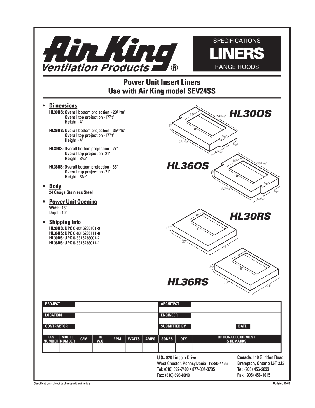 Air King LINERS specifications 2911/16HL30OS, HL36OS, 10HL30RS, HL36RS, Power Unit Insert Liners, Specifications, Body 
