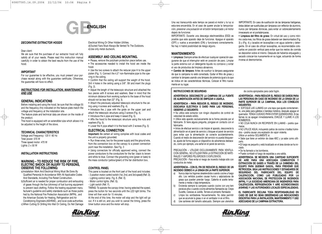 Air King MAL36SS manual Gbenglish, Assembly and Ceiling Mounting, Mantenimiento, General Indications, Electrical Connection 