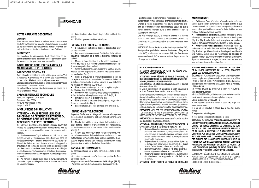 Air King MAL36SS manual Ffrançais 