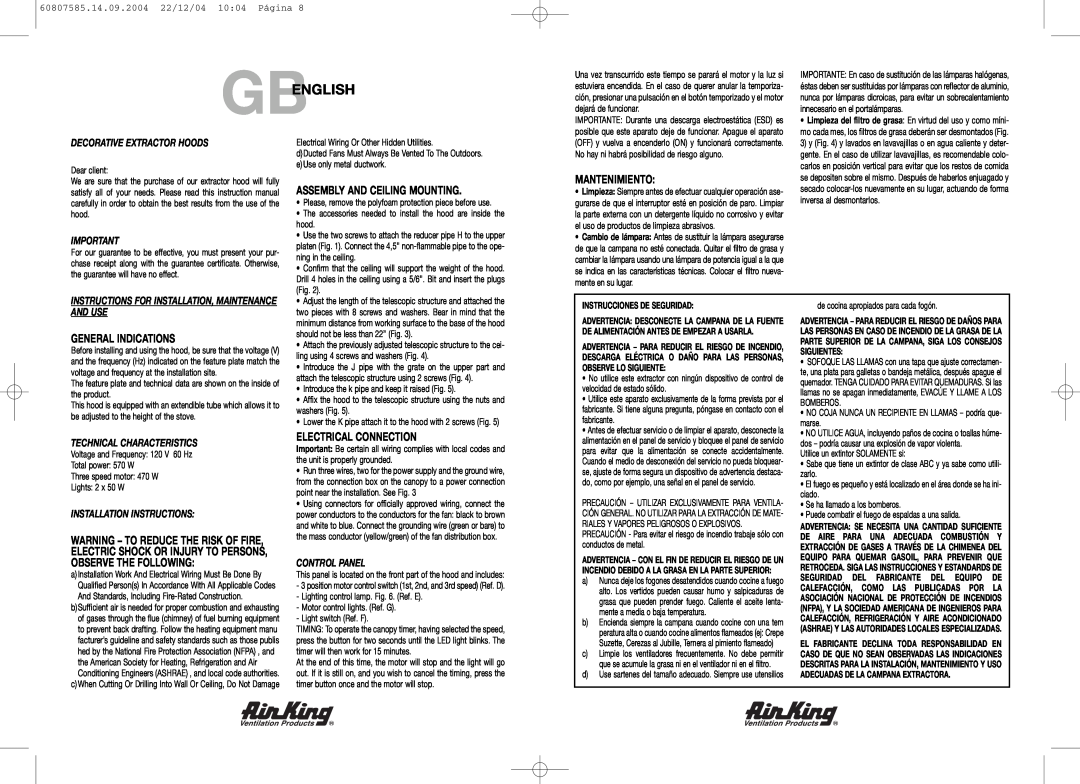 Air King MAL36SS manual Gbenglish, Assembly And Ceiling Mounting, Mantenimiento, General Indications, Electrical Connection 